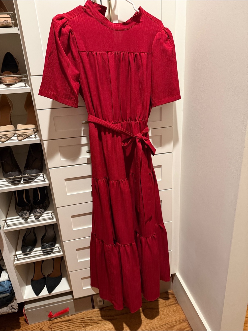 SHEIN Red Tiered Maxi Dress with Waist Tie